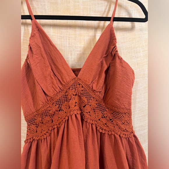 Small Rust Orange Laced Summer Flowy Short Flair Dress with Detailed Ruffling. - Picture 9 of 12